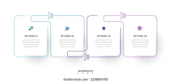 Plantilla de diseño de etiquetas de vectores Infográficos con iconos y 4 opciones o pasos. Se puede utilizar para el diagrama de procesos, presentaciones, diseño de flujo de trabajo, banner, diagrama de flujo, gráfico de información.