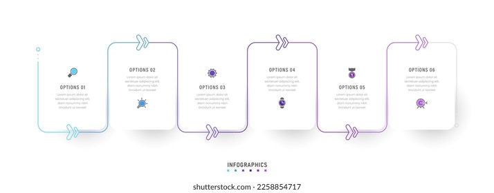 Plantilla de diseño de etiquetas de vectores Infografía con iconos y 6 opciones o pasos. Se puede utilizar para el diagrama de procesos, presentaciones, diseño de flujo de trabajo, banner, diagrama de flujo, gráfico de información.