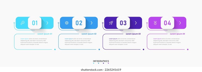 Plantilla de diseño de etiquetas de vectores Infográficos con iconos y 4 opciones o pasos. Se puede utilizar para el diagrama de procesos, presentaciones, diseño de flujo de trabajo, banner, diagrama de flujo, gráfico de información.