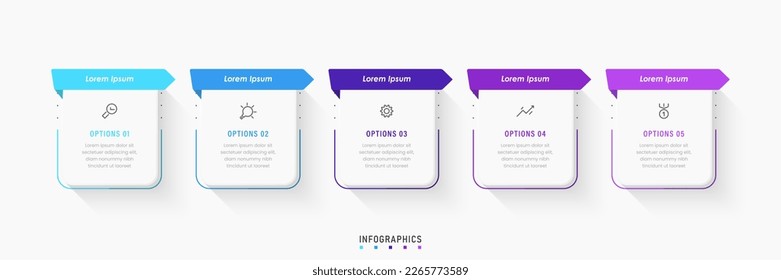 Plantilla de diseño de etiquetas de vectores Infográficos con iconos y 5 opciones o pasos. Se puede utilizar para el diagrama de procesos, presentaciones, diseño de flujo de trabajo, banner, diagrama de flujo, gráfico de información.