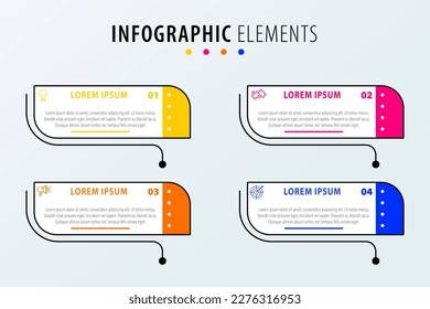 Plantilla de diseño de etiquetas de vectores Infográficos con iconos y 4 opciones o pasos. Se puede utilizar para el diagrama de procesos, presentaciones, diseño de flujo de trabajo, banner, diagrama de flujo, gráfico de información.
