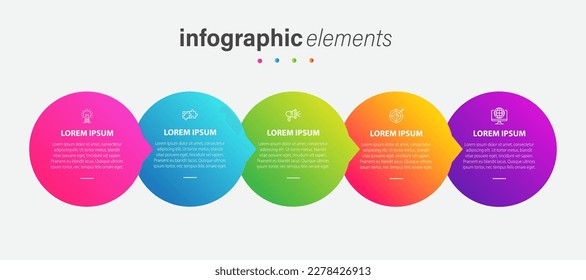 Plantilla de diseño de etiquetas de vectores Infográficas con iconos y 5 opciones o pasos con un color diferente. Se puede utilizar para el diagrama de procesos, presentaciones, diseño de flujo de trabajo, banner, diagrama de flujo, gráfico de información.
