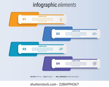 Plantilla de diseño de etiquetas de vectores Infográficos con iconos y 4 opciones o pasos. Se puede utilizar para el diagrama de procesos, presentaciones, diseño de flujo de trabajo, banner, diagrama de flujo, gráfico de información.
