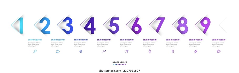 Plantilla de diseño de etiquetas de vectores Infografía con iconos y 9 opciones o pasos. Se puede utilizar para el diagrama de procesos, presentaciones, diseño de flujo de trabajo, banner, diagrama de flujo, gráfico de información.