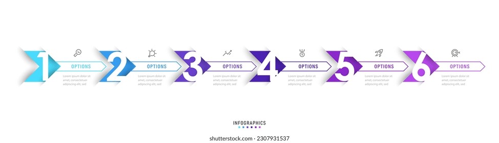 Design-Vorlage für Vektorgrafiken mit Symbolen und 6 Optionen oder Schritten. Kann für Prozessdiagramm, Präsentationen, Workflow-Layout, Banner, Flussdiagramm, Infografik verwendet werden.