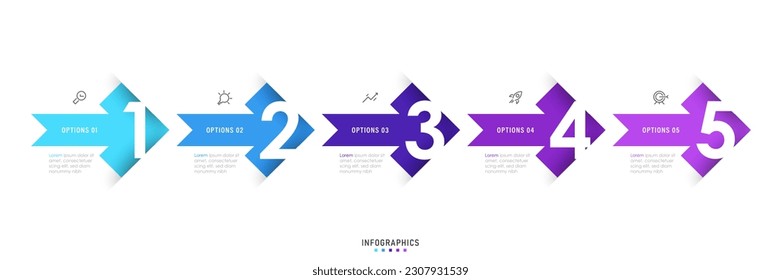Plantilla de diseño de etiquetas de vectores Infográficos con iconos y 5 opciones o pasos. Se puede utilizar para el diagrama de procesos, presentaciones, diseño de flujo de trabajo, banner, diagrama de flujo, gráfico de información.