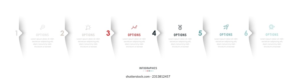 Plantilla de diseño de etiquetas de vectores Infografía con iconos y 6 opciones o pasos. Se puede utilizar para el diagrama de procesos, presentaciones, diseño de flujo de trabajo, banner, diagrama de flujo, gráfico de información.