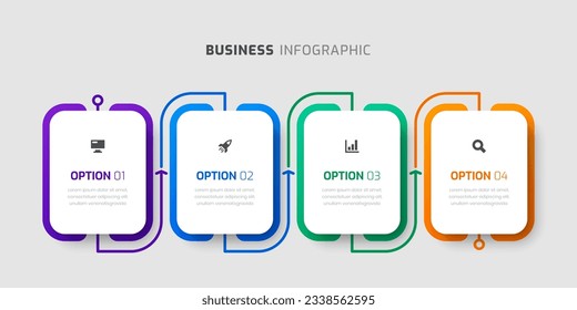 Plantilla de diseño de etiquetas infográficas vectoriales con línea delgada, iconos y 4 opciones de presentación
