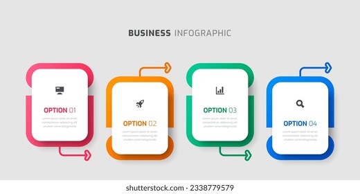 Plantilla de diseño de etiquetas infográficas vectoriales con flechas, iconos y 4 opciones de presentación