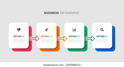 Plantilla de diseño de etiquetas infográficas vectoriales con iconos rectangulares y 4 opciones de presentación