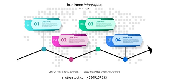 Design-Vorlage für Vektorgrafiken mit Symbolen und 4 Optionen oder Schritten. Kann für Prozessdiagramm, Präsentationen, Workflow-Layout, Banner, Flussdiagramm, Infografik verwendet werden.
