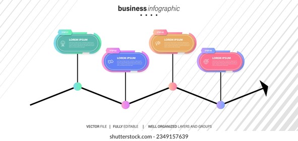 Plantilla de diseño de etiquetas de vectores Infográficos con iconos y 4 opciones o pasos. Se puede utilizar para el diagrama de procesos, presentaciones, diseño de flujo de trabajo, banner, diagrama de flujo, gráfico de información.
