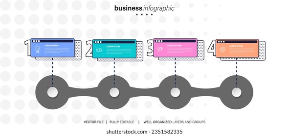 Plantilla de diseño de etiquetas de vectores Infográficos con iconos y 4 opciones o pasos. Se puede utilizar para el diagrama de procesos, presentaciones, diseño de flujo de trabajo, banner, diagrama de flujo, gráfico de información.
