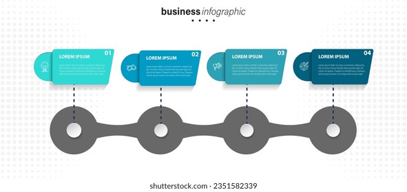 Design-Vorlage für Vektorgrafiken mit Symbolen und 4 Optionen oder Schritten. Kann für Prozessdiagramm, Präsentationen, Workflow-Layout, Banner, Flussdiagramm, Infografik verwendet werden.

