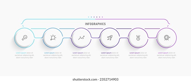 Design-Vorlage für Vektorgrafiken mit Symbolen und 6 Optionen oder Schritten. Kann für Prozessdiagramm, Präsentationen, Workflow-Layout, Banner, Flussdiagramm, Infografik verwendet werden.