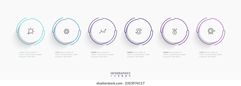 Design-Vorlage für Vektorgrafiken mit Symbolen und 6 Optionen oder Schritten. Kann für Prozessdiagramm, Präsentationen, Workflow-Layout, Banner, Flussdiagramm, Infografik verwendet werden.