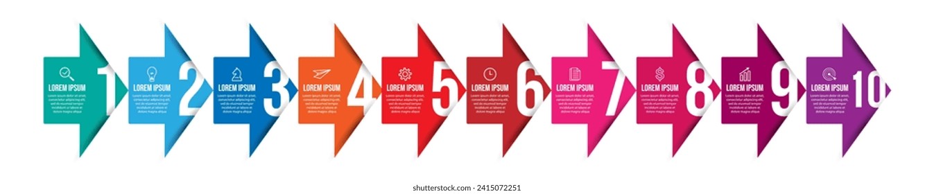 Design-Vorlage für Vektorgrafiken mit Symbolen und 10 Optionen oder Schritten. Kann für Präsentationsbanner, Workflow-Layouts, Flow-Charts, Infografiken, Geschäftspräsentationen verwendet werden
