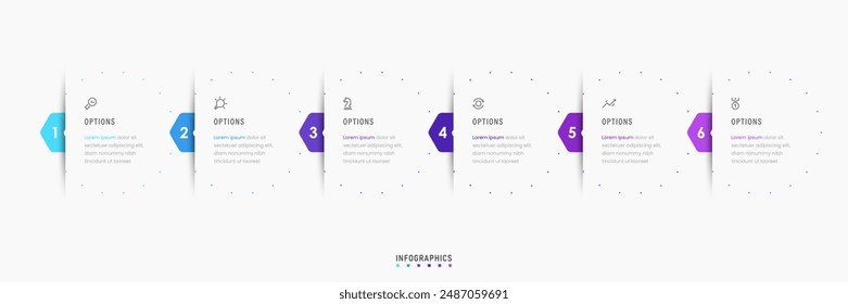 Vektorgrafik Infografik Label Design Vorlage mit Symbolen und 6 Optionen oder Stufen. Kann für Prozessdiagramme, Präsentationen, Workflow-Layout, Banner, Flussdiagramme, Infografiken verwendet werden.