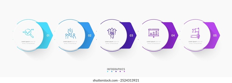 Modelo de design de rótulo de Infográfico de Vetor com ícones e 5 opções ou etapas. Pode ser usado para diagrama de processo, apresentações, layout de fluxo de trabalho, banner, fluxograma, gráfico de informações.