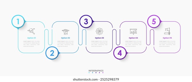 Modelo de design de rótulo de Infográfico de Vetor com ícones e 5 opções ou etapas. Pode ser usado para diagrama de processo, apresentações, layout de fluxo de trabalho, banner, fluxograma, gráfico de informações.