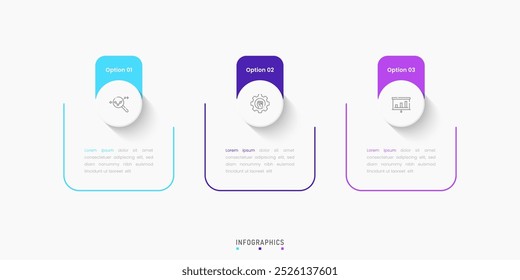 Modelo de design de rótulo de Infográfico de Vetor com ícones e 3 opções ou etapas. Pode ser usado para diagrama de processo, apresentações, layout de fluxo de trabalho, banner, fluxograma, gráfico de informações.