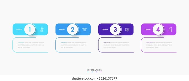 Modelo de design de rótulo de Infográfico de Vetor com ícones e 4 opções ou etapas. Pode ser usado para diagrama de processo, apresentações, layout de fluxo de trabalho, banner, fluxograma, gráfico de informações.