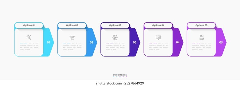 Modelo de design de rótulo de Infográfico de Vetor com ícones e 5 opções ou etapas. Pode ser usado para diagrama de processo, apresentações, layout de fluxo de trabalho, banner, fluxograma, gráfico de informações.