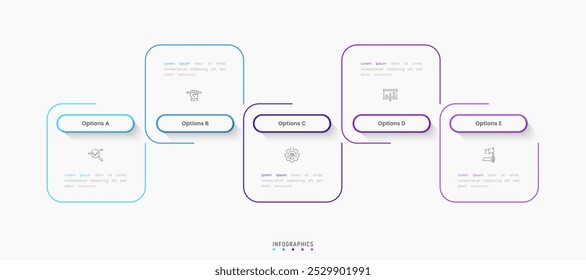 Modelo de design de rótulo de Infográfico de Vetor com ícones e 5 opções ou etapas. Pode ser usado para diagrama de processo, apresentações, layout de fluxo de trabalho, banner, fluxograma, gráfico de informações.