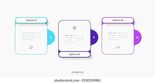 Modelo de design de rótulo de Infográfico de Vetor com ícones e 3 opções ou etapas. Pode ser usado para diagrama de processo, apresentações, layout de fluxo de trabalho, banner, fluxograma, gráfico de informações.