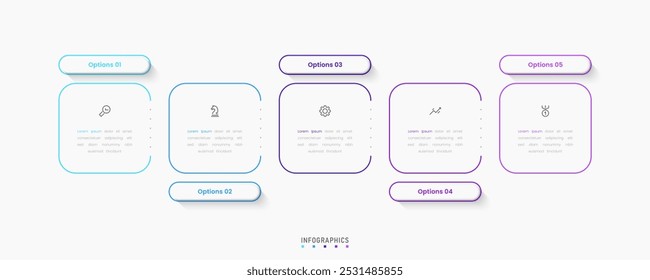 Modelo de design de rótulo de Infográfico de Vetor com ícones e 5 opções ou etapas. Pode ser usado para diagrama de processo, apresentações, layout de fluxo de trabalho, banner, fluxograma, gráfico de informações.