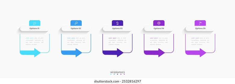 Modelo de design de rótulo de Infográfico de Vetor com ícones e 5 opções ou etapas. Pode ser usado para diagrama de processo, apresentações, layout de fluxo de trabalho, banner, fluxograma, gráfico de informações.