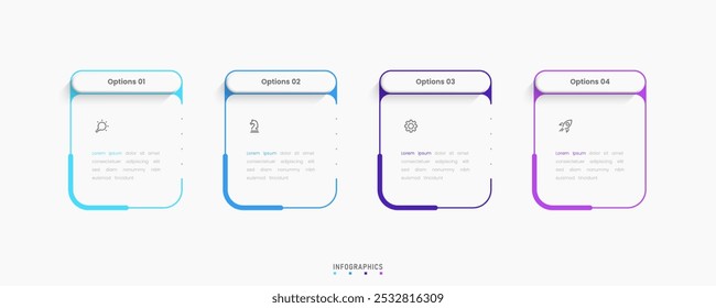 Modelo de design de rótulo de Infográfico de Vetor com ícones e 4 opções ou etapas. Pode ser usado para diagrama de processo, apresentações, layout de fluxo de trabalho, banner, fluxograma, gráfico de informações.