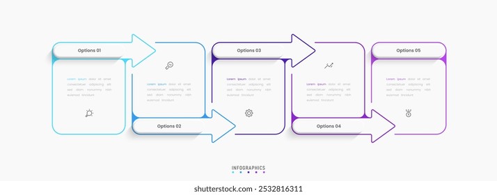 Modelo de design de rótulo de Infográfico de Vetor com ícones e 5 opções ou etapas. Pode ser usado para diagrama de processo, apresentações, layout de fluxo de trabalho, banner, fluxograma, gráfico de informações.