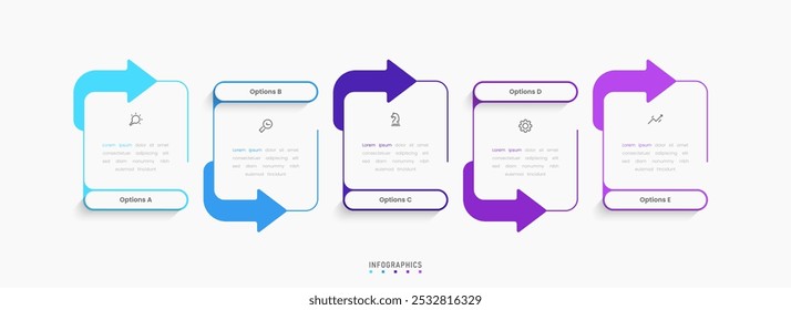 Modelo de design de rótulo de Infográfico de Vetor com ícones e 5 opções ou etapas. Pode ser usado para diagrama de processo, apresentações, layout de fluxo de trabalho, banner, fluxograma, gráfico de informações.