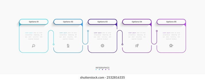 Modelo de design de rótulo de Infográfico de Vetor com ícones e 5 opções ou etapas. Pode ser usado para diagrama de processo, apresentações, layout de fluxo de trabalho, banner, fluxograma, gráfico de informações.