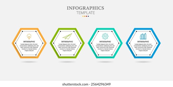 Vector infographic label design template with modern hexagon layout. Business concept with 4 steps, options.