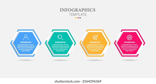 Vector infographic label design template with modern hexagon layout. Business concept with 4 steps, options.