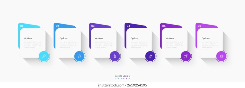 Modelo de design de rótulo de Infográfico de Vetor com ícones e 6 opções ou etapas. Pode ser usado para diagrama de processo, apresentações, layout de fluxo de trabalho, banner, fluxograma, gráfico de informações.