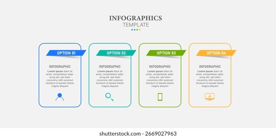 Modelo de design de rótulo de Infográfico de Vetor com ícones e 4 opções ou etapas. Pode ser usado para diagrama de processo, apresentações, layout de fluxo de trabalho, banner, fluxograma, gráfico de informações.
