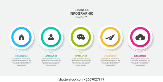 Modelo de design de rótulo de Infográfico de Vetor com ícones e 5 opções ou etapas. Pode ser usado para diagrama de processo, apresentações, layout de fluxo de trabalho, banner, fluxograma, gráfico de informações.