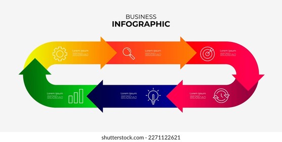 Vektorgrafik-Etikettenvorlage mit Symbolen. 6 Optionen oder Schritte. Infografik für Geschäftskonzept. Kann für Infografiken, Flussdiagramme, Präsentationen, Websites, Banner und mehr verwendet werden