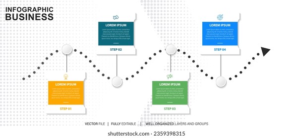 Vektorgrafik-Etikettenvorlage mit Symbolen. 4 Optionen oder Schritte. Infografiken für das Geschäftskonzept. Kann für Infografiken, Flussdiagramme, Präsentationen, Webseiten, Banner, gedruckte Materialien verwendet werden.

