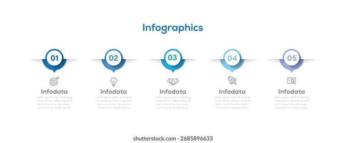 Modelo de rótulo infográfico de vetor com ícones 5 opções ou etapas. Pode ser usado para gráficos de informação, fluxogramas, apresentações, sites, banners, materiais impressos.