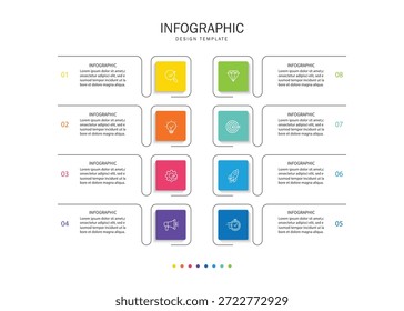 Vector infografía Plantilla de etiquetas con iconos. 8 opciones o pasos. Infografía para el concepto de negocio.	