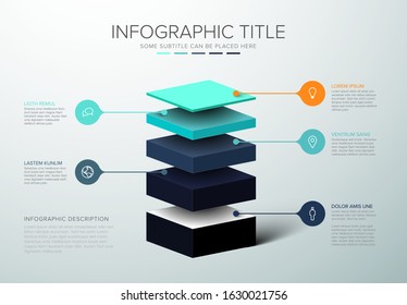 Vector Infographic layers template with five levels for material structure - teal and yellow template
