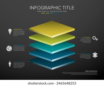 Vector Plantilla de capas de infografía con escritorios de cinco niveles para la estructura del material - de color verde a azul sobre fondo gris oscuro Plantilla de infografía multiusos