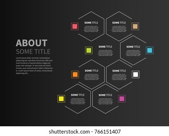 Vector infographic layout with hexagons and luminous color boxes on the dark background
