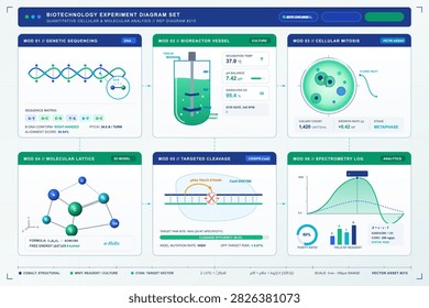 Vector infographic layout showing biotechnology experiment modules, including DNA sequencing, bioreactor vessel, cell division, molecular lattice, targeted cleavage, and spectrometry charts