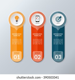 Vector infographic layout template with 3 buttons, steps, parts, options. Vertical banner with business icons and transparent design elements. Can be used for web, chart, graph, diagram, presentation