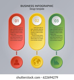 Vector infographic layout template with 3 buttons, steps, parts, options. Vertical banner with business icons and transparent design elements. Can be used for web, chart, graph, diagram, presentation